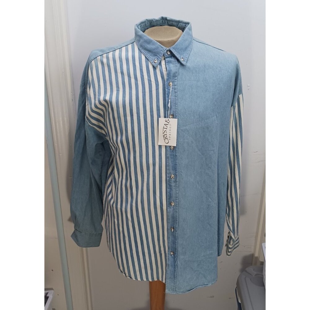 Crystal Springs Men's Casual Shirt XL 17/35 LS 100% Combed Cotton Blue White NWT